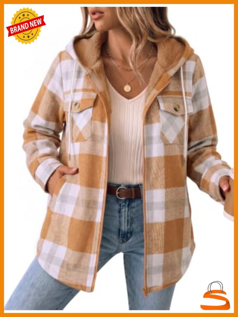Women's Plaid Fleece Lined Hooded Shacket Zip Front Winter Coat